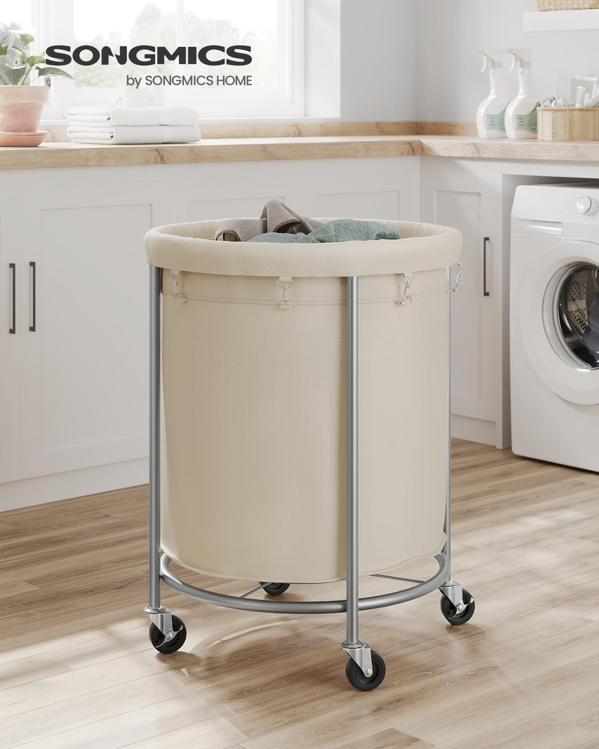 Laundry Basket with Wheels,190L, Steel Frame, Removable Bag