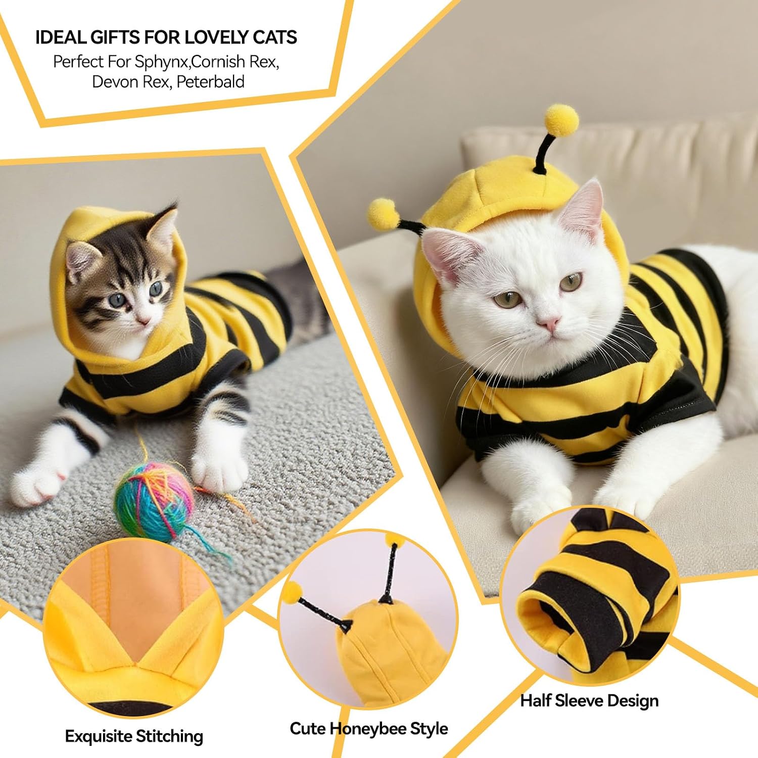 Bumblebee Cat Costume for Sphynx & Small Dogs, Fit Halloween, Yellow, XS | Cute Bee Stripes Hoodie, Soft Warm Fleece