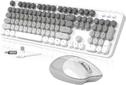 Creamy Wireless Keyboard and Mouse, MOFII 104 Round Keycaps Retro Typewriter with OTG & Brush, Full-Size Ergonomic
