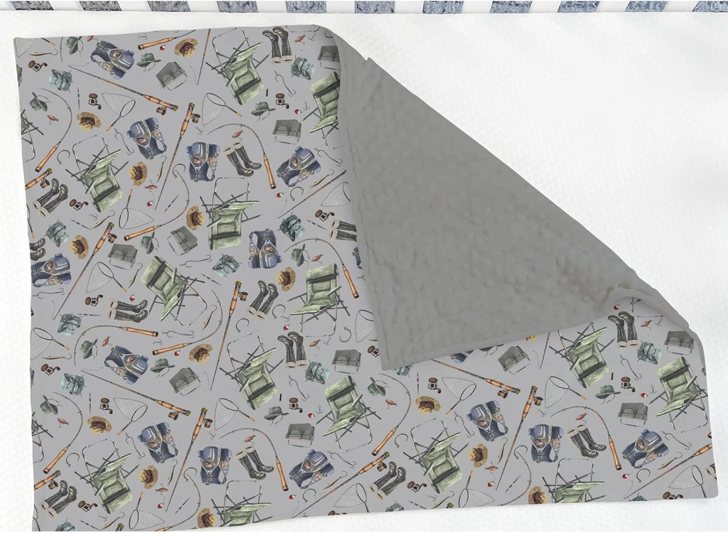 Retro Gray Fishing Gear Baby Blankets for Girl Boy Trout Fishes Soft Mink Dotted Backing Double Layer Swaddle