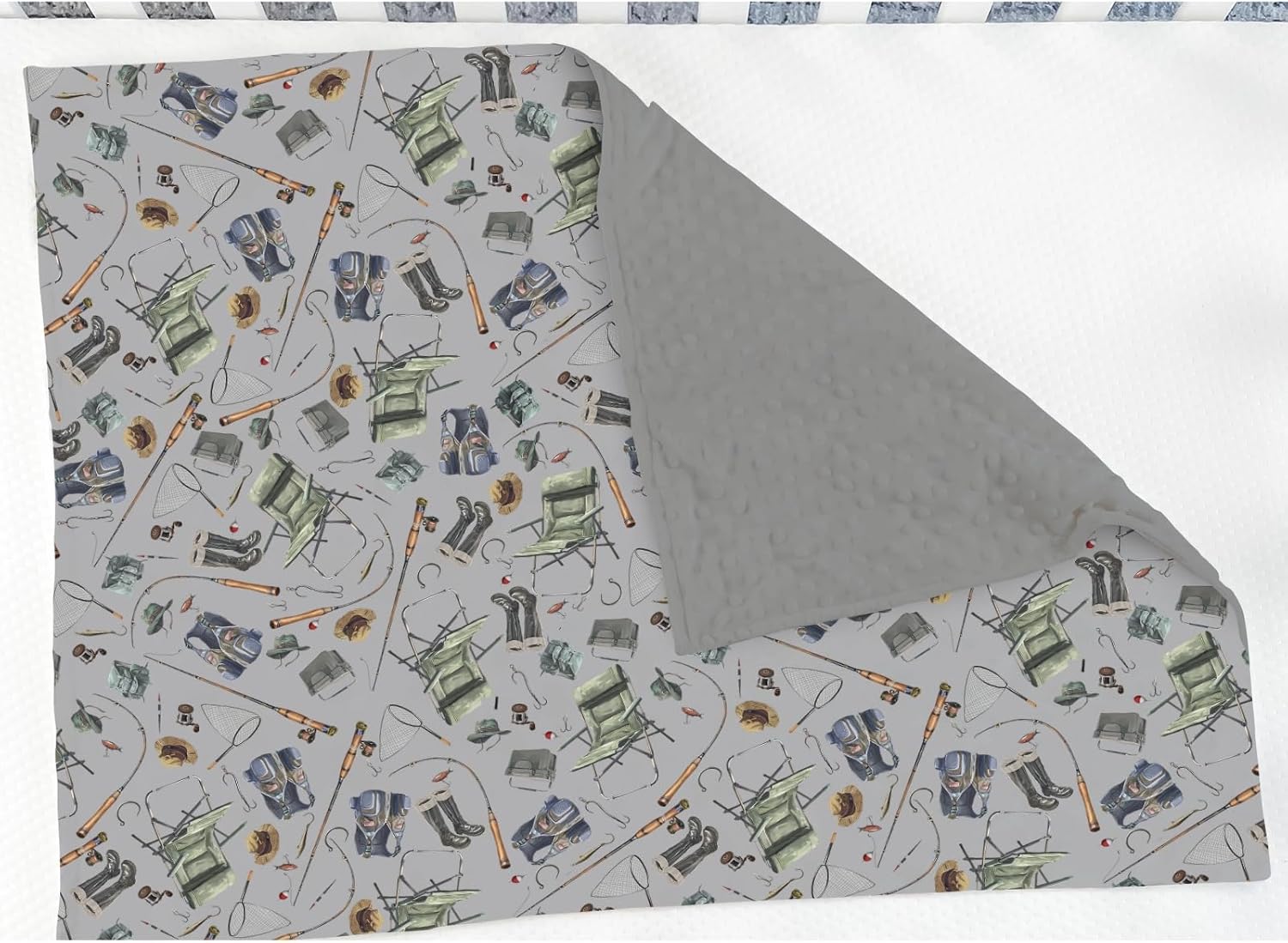 Retro Gray Fishing Gear Baby Blankets for Girl Boy Trout Fishes Soft Mink Dotted Backing Double Layer Swaddle