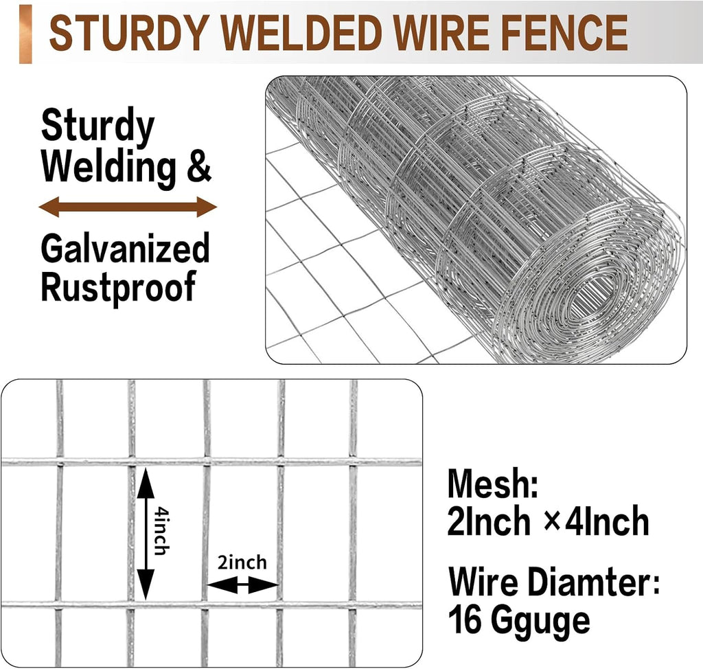 4 ft x 100 ft Galvanized Welded Wire Fence, 16GA Garden Chicken Wire Fence Roll, Mesh Size 2" x 4"Hardware Cloth