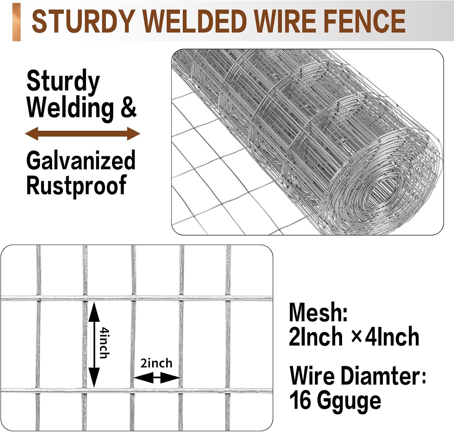 4 ft x 100 ft Galvanized Welded Wire Fence, 16GA Garden Chicken Wire Fence Roll, Mesh Size 2" x 4"Hardware Cloth
