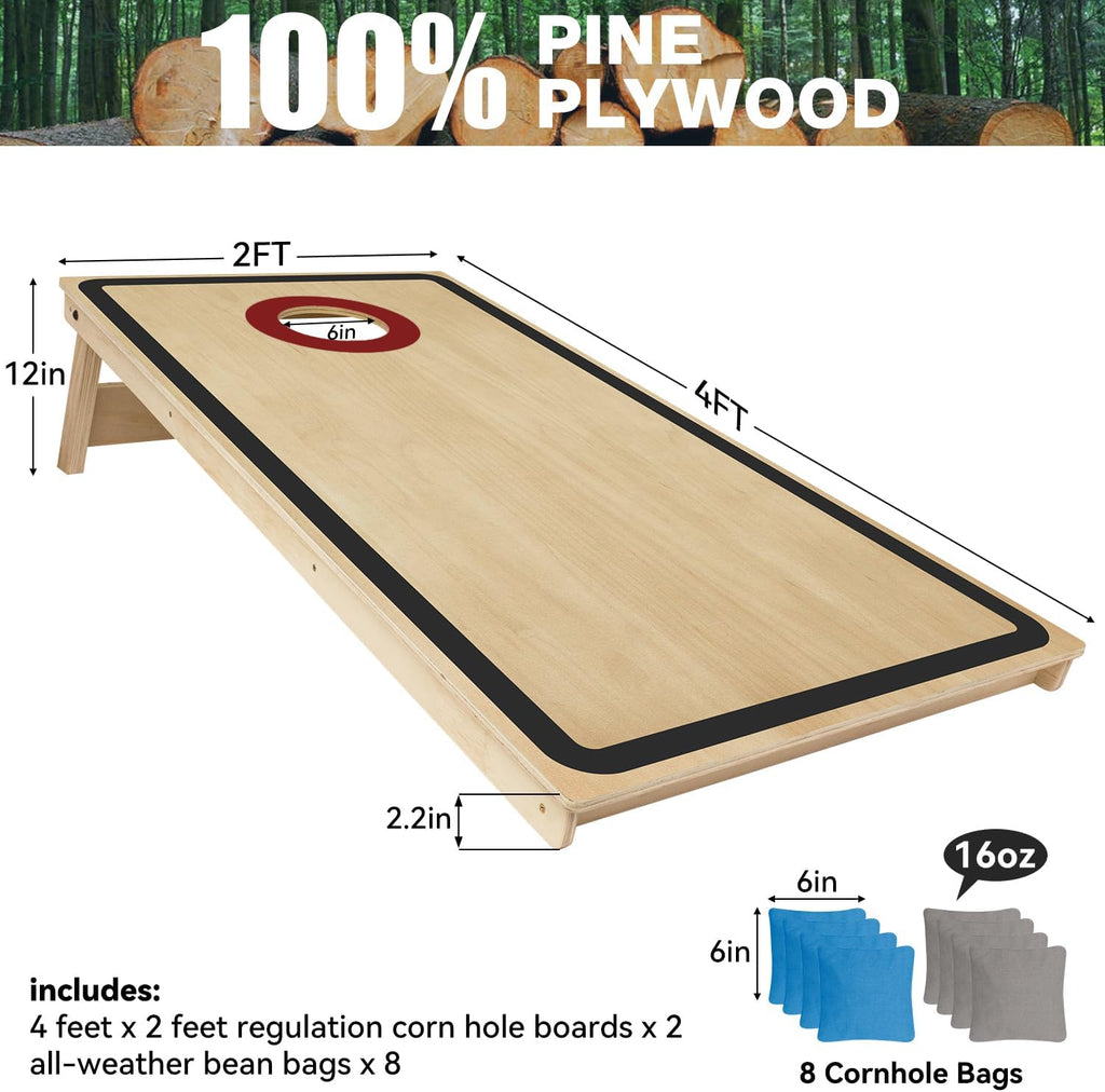 Cornhole Board Set - No Bounce,Regulation Size 4x2 ft,Made of 1/2" Pine Plywood,UV Printing Includes 8 Bean Bags and