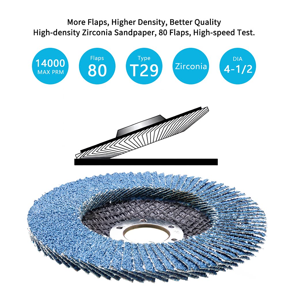 T29 Flap Disc 4 1/2 x 7/8 inch, 40 Grit High Density (80 Flaps) Long Lasting 4 1/2 Sanding Disc Grinding Wheels for Angle Grinder -10 Pack