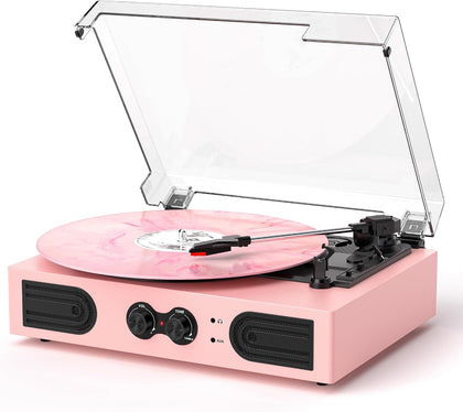 Vinyl Record Player with Built-in Speakers 3-Speed Vintage Record Player Support Treble& Bass Control, 3.5mm