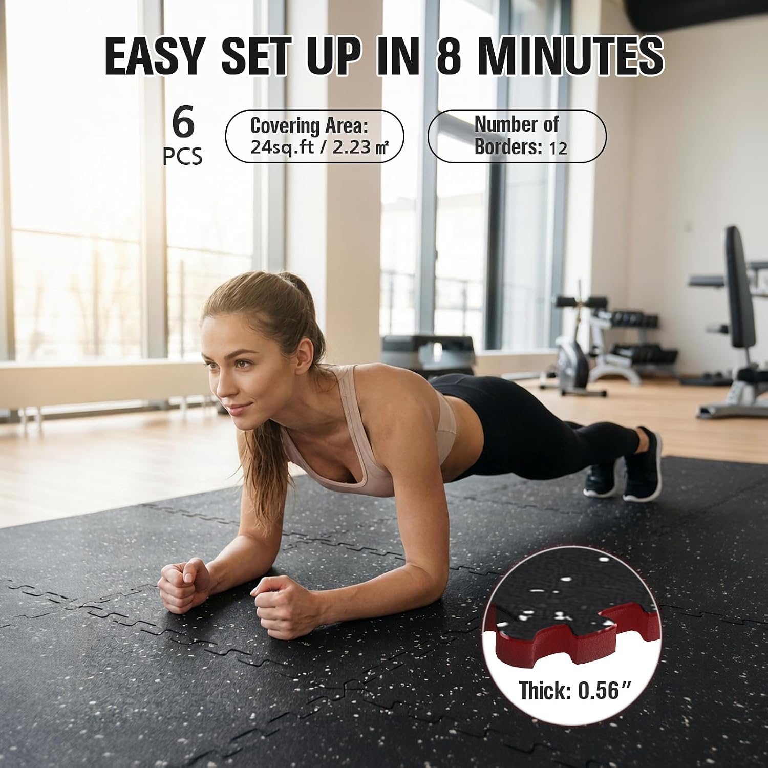 0.56" Thick Rubber Top Gym Flooring for Home Gym, High Density EVA Foam Exercise Mats, Interlocking Gym Flooring for