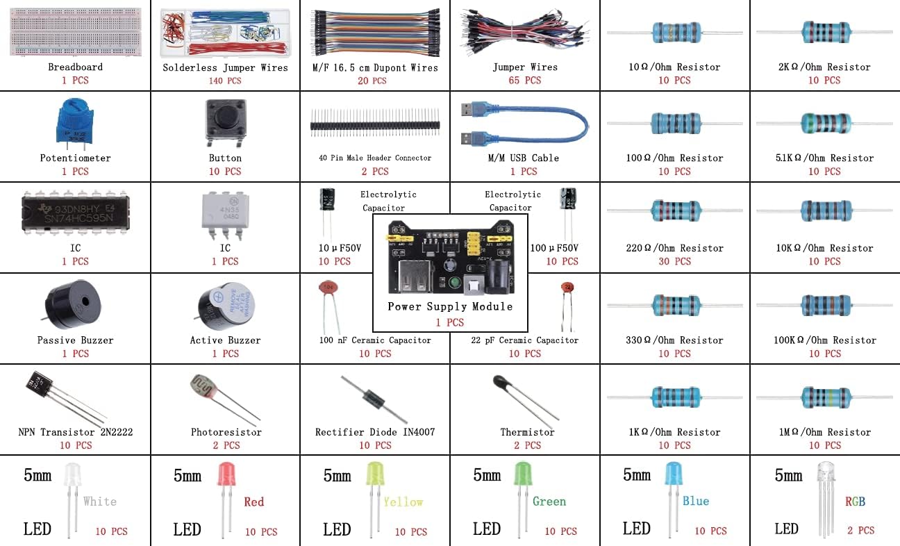 37 Values 480 Pcs Electronics Component Fun Kit with Power Supply Module, Jumper Wire,Precision Potentiometer,830