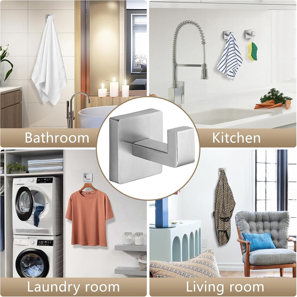 Heavy Duty Stainless Steel Towel Hooks, Wall Mounted Square Robe Hooks for Bathroom, Kitchen, Bedroom, Hotel Brushed