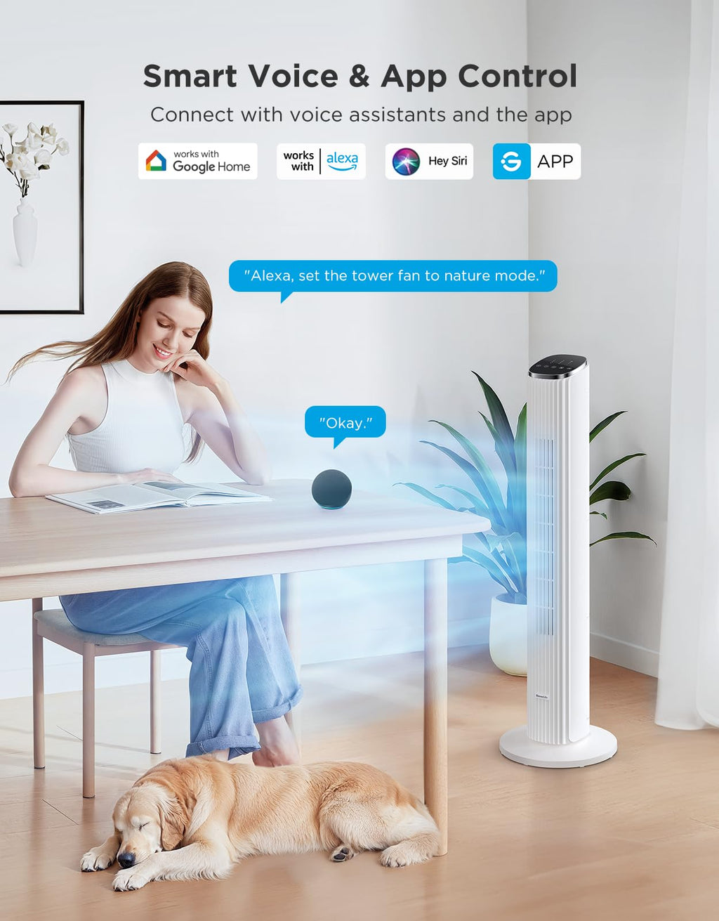 36 in. White Tower Fan for Bedroom, 5 Modes 8 Speeds up to 25ft/s
