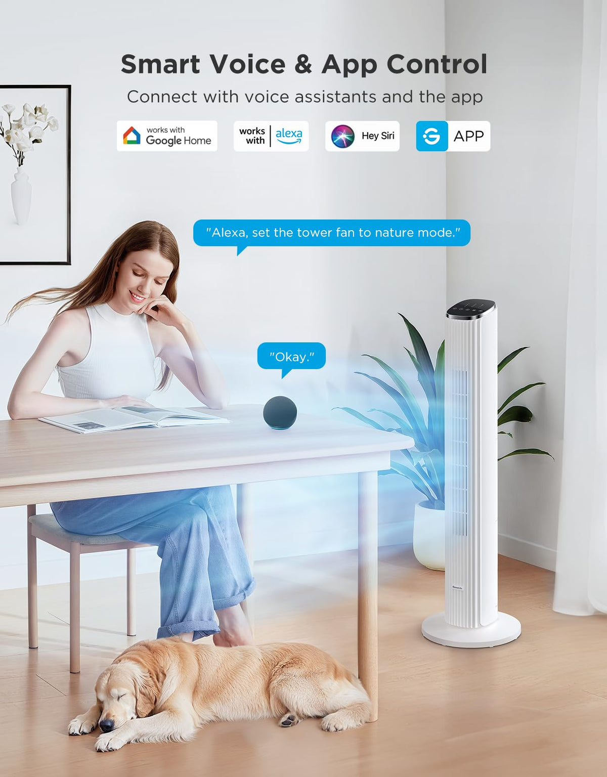 36 in. White Tower Fan for Bedroom, 5 Modes 8 Speeds up to 25ft/s