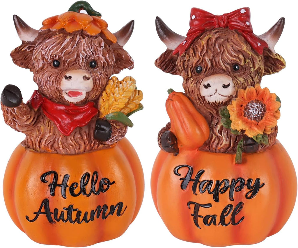 Fall Decorations for Home, 2 PCS Resin Highland Cows Figurines for Fall Decor, Rustic Pumpkin Harvest Ornaments for