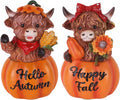 Fall Decorations for Home, 2 PCS Resin Highland Cows Figurines for Fall Decor, Rustic Pumpkin Harvest Ornaments for