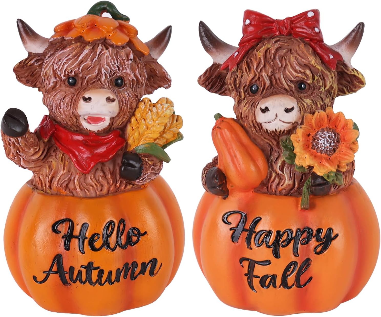 Fall Decorations for Home, 2 PCS Resin Highland Cows Figurines for Fall Decor, Rustic Pumpkin Harvest Ornaments for