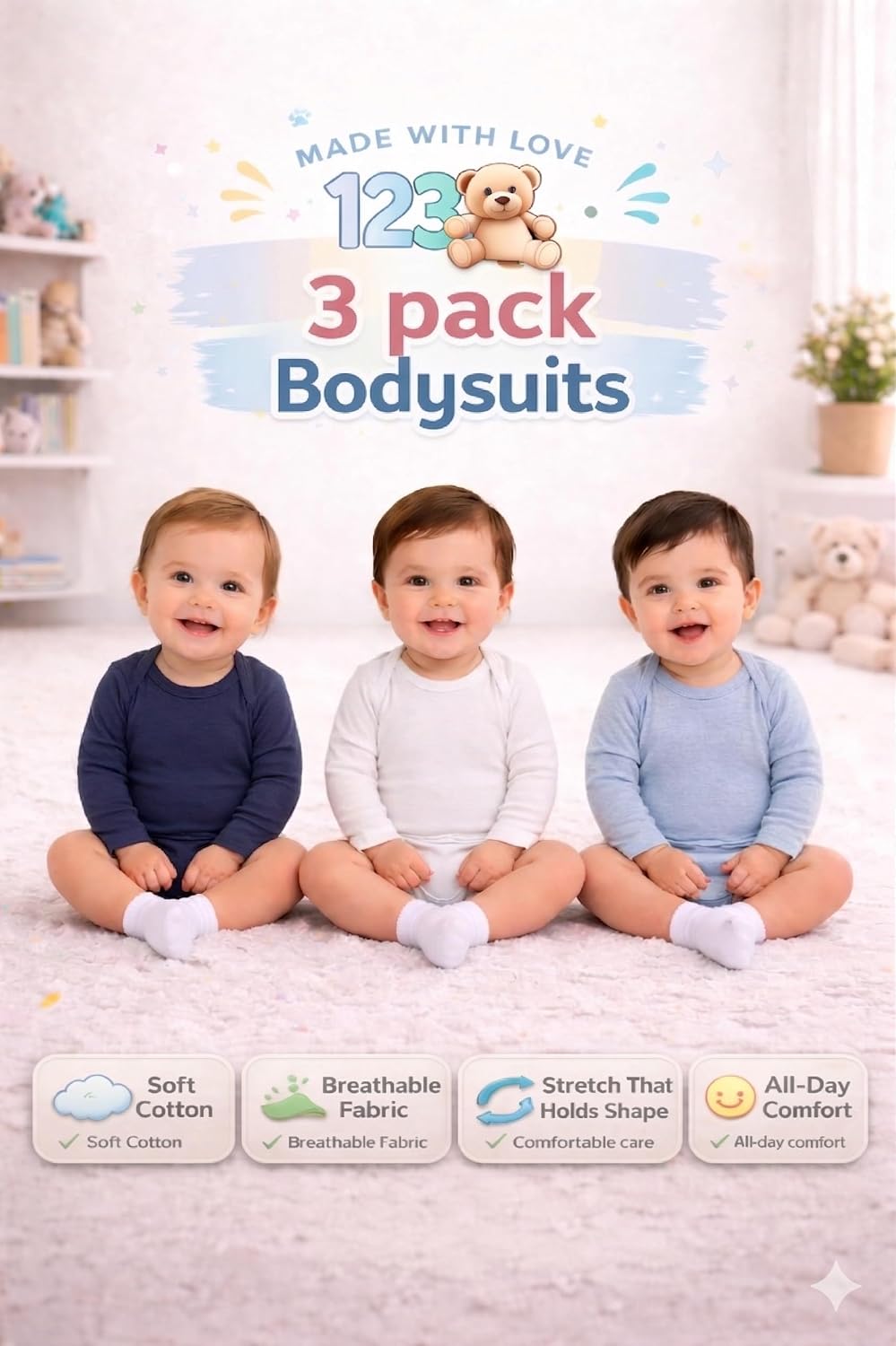Baby Long-Sleeve Bodysuits Multipack, Boy Girl, Newborn to 24M