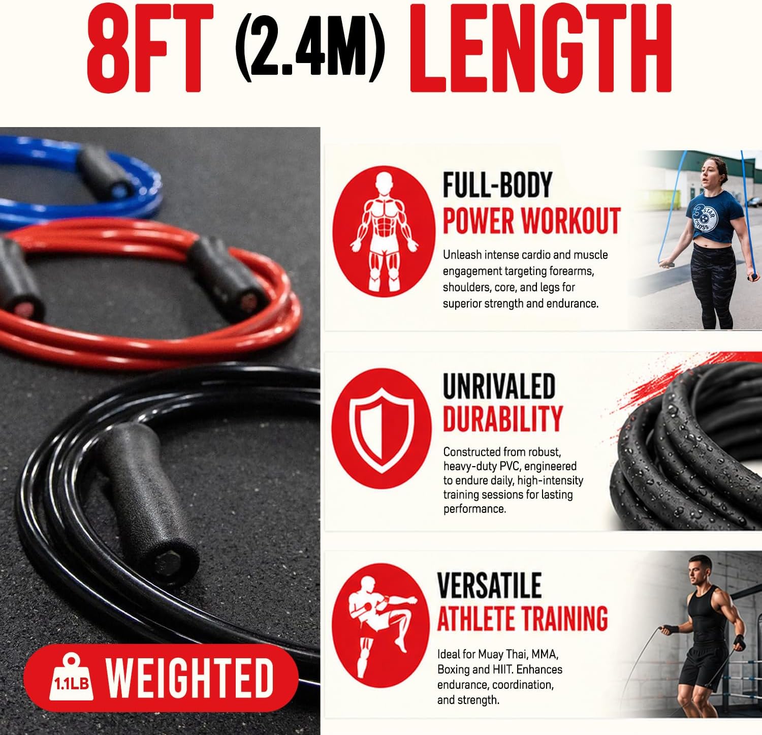 Elite Jumps Muay Thai 2.0 Weighted Jump Rope for MMA, 1.1 lbs, 8 ft | Heavy resistance rope for Muay Thai, MMA and