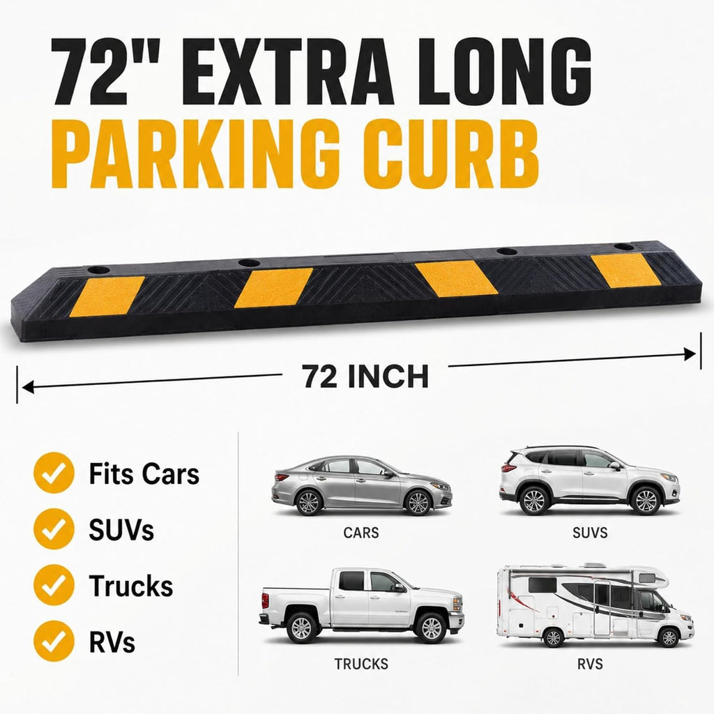 72" Heavy Duty Rubber Parking Stopper for Garage – 6-Foot Long Wheel Stopper with Reflective Stripe, UV-Resistant