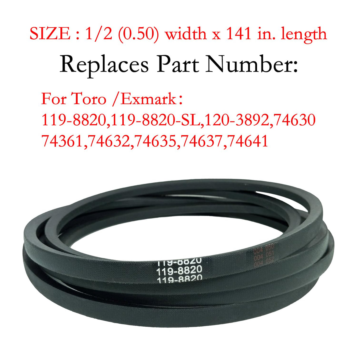 119-8820 Deck Belt Replacement for Toro TimeCutter 50 Inch SS5000 MX5000 5000 MX5060 75750 75755 Exmark Quest Zero Turn Mowers 119-8820-SL SS5060 74630 74632 75751 /Aramid Cord /141.1 inches