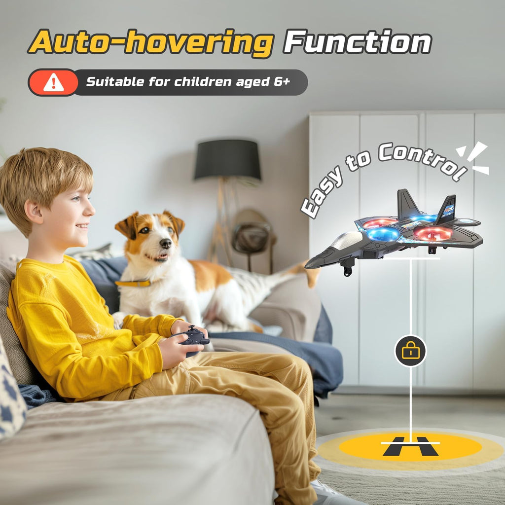 Foam RC Airplane Drone for Kids, Remote Control Helicopter, Toy Plane Fighter Jet with LED Light, Auto Hover