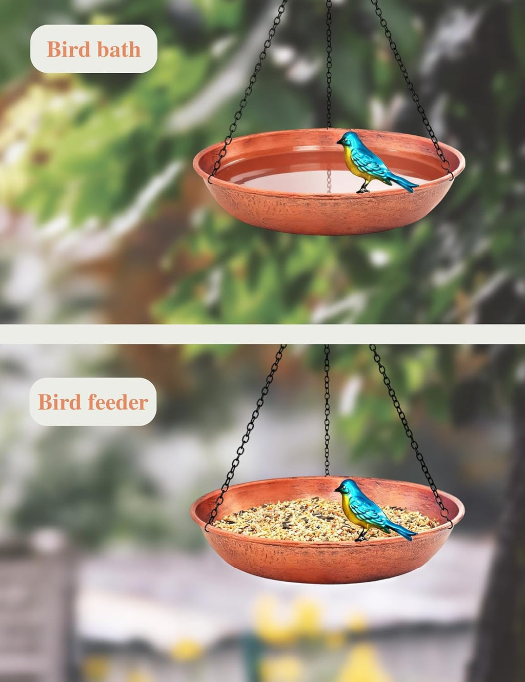 Hanging Bird Bath & Feeder Outdoor, 11" Antique Copper Metal Birdbath Bowl