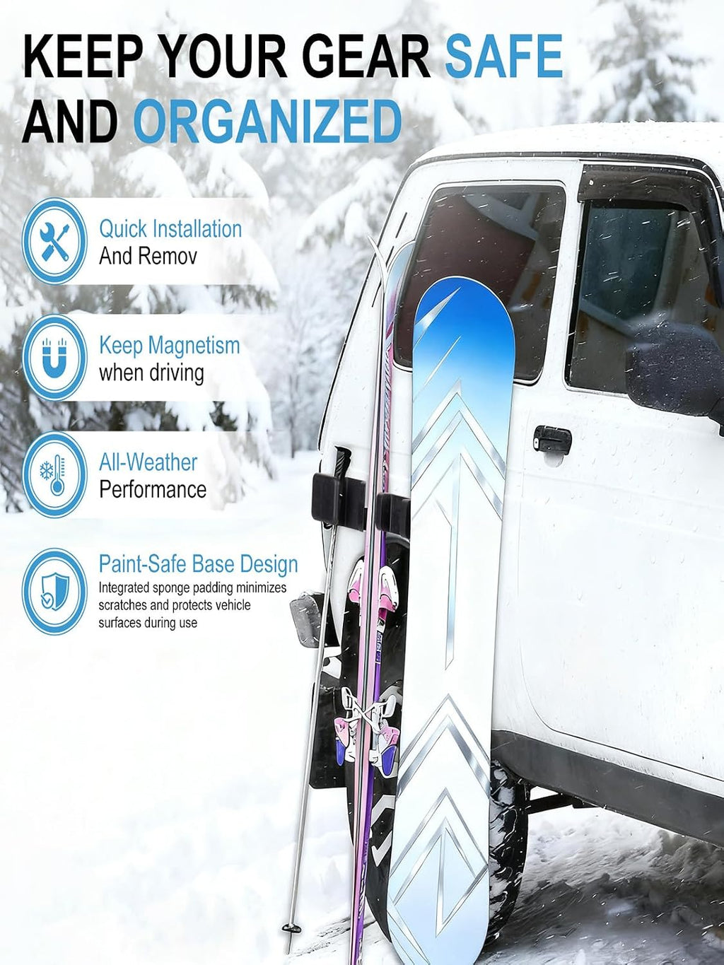 Magnetic Ski & Snowboard Car Holder - Safeguards Equipment, Keeps Skis & Boards Upright, Protects Vehicle Paintwork