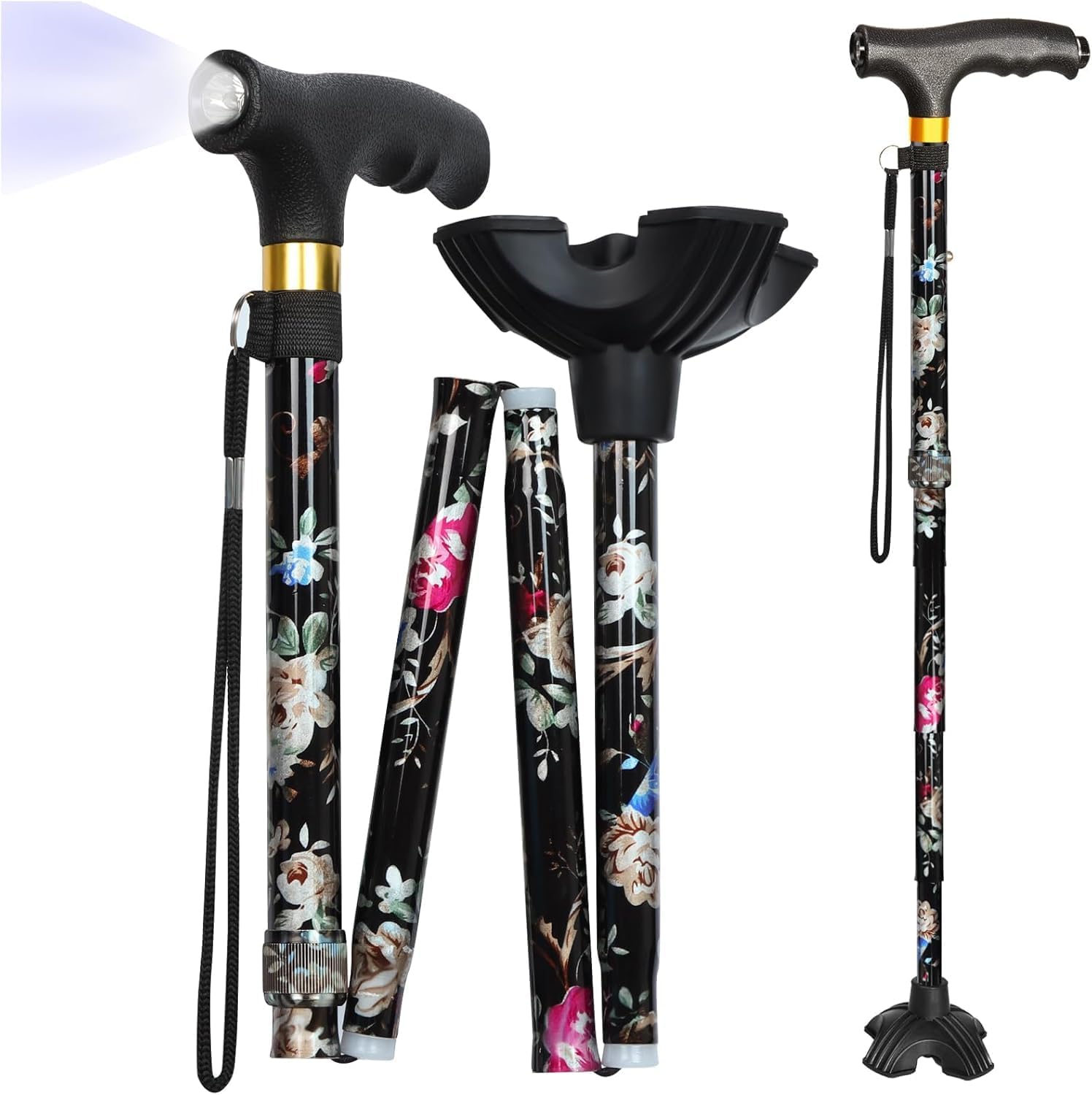 Walking Cane with LED Light, Foldable,Adjustable, Self Standing Walking Canes for Men & Women,Walking Sticks with