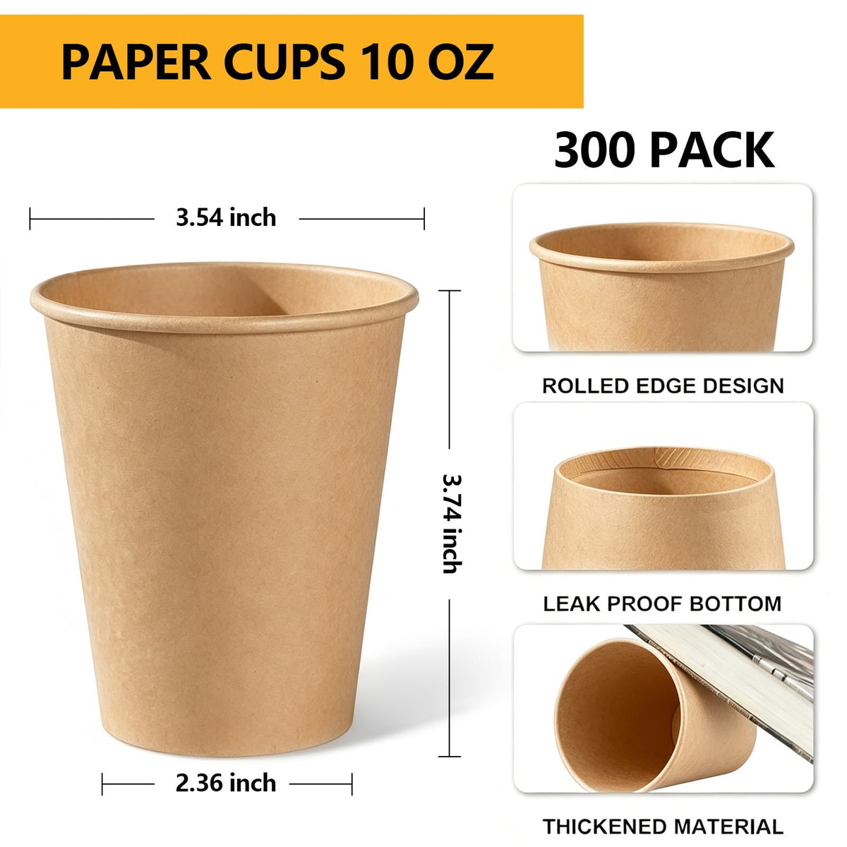 300 Pack 10 oz Kraft Paper Cups, Unbleached Disposable Coffee Cups