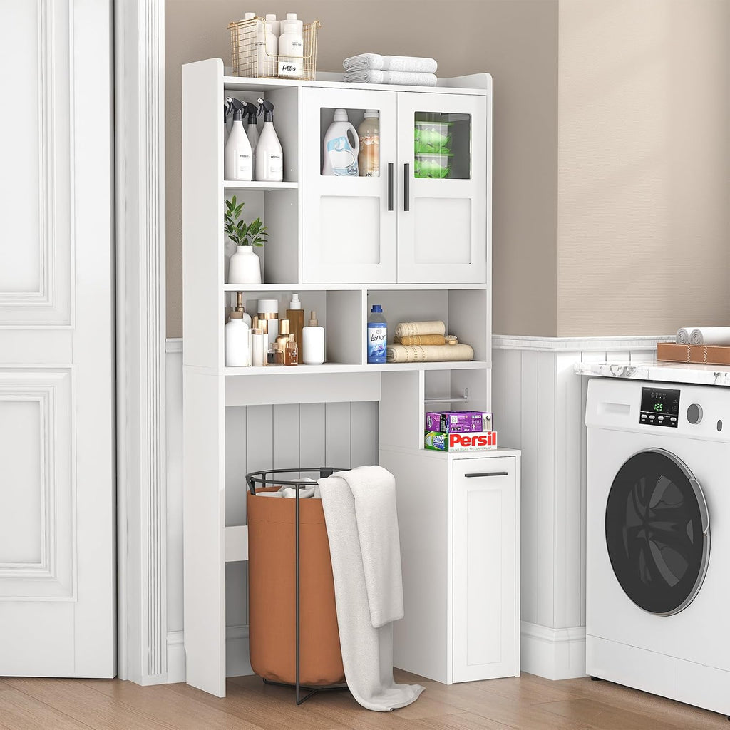 Over The Toilet Storage Cabinet with Glass Doors & Pulley, White | Pull-Out Cabinet, Toilet Paper Holder, Side Hooks