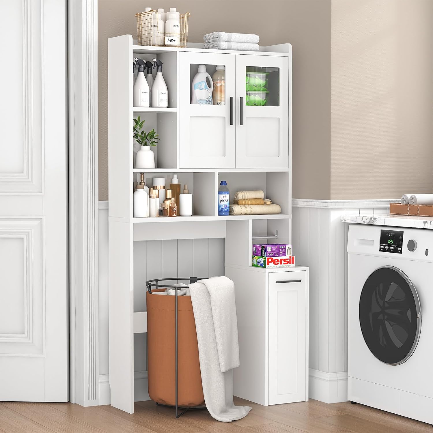 Over The Toilet Storage Cabinet with Glass Doors & Pulley, White | Pull-Out Cabinet, Toilet Paper Holder, Side Hooks
