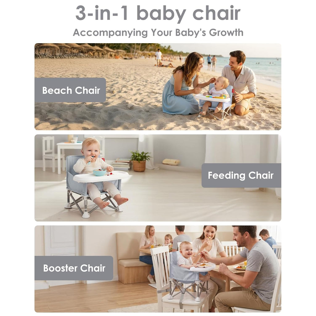 Portable Booster Seat, Foldable Baby High Chair with Removable Tray, Safety Harness & Carry Bag – for Toddlers Ages