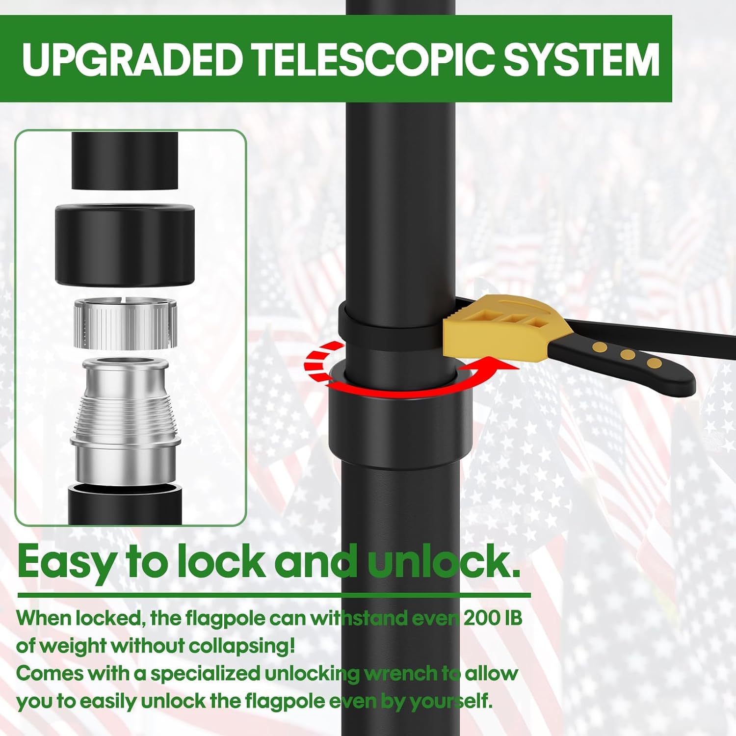 20 FT Heavy Duty Telescoping Flag Pole, 120MPH Wind Test 9 Gauge | 45K PSI & 95 HBW Hard Aerospace Aluminum Flagpole