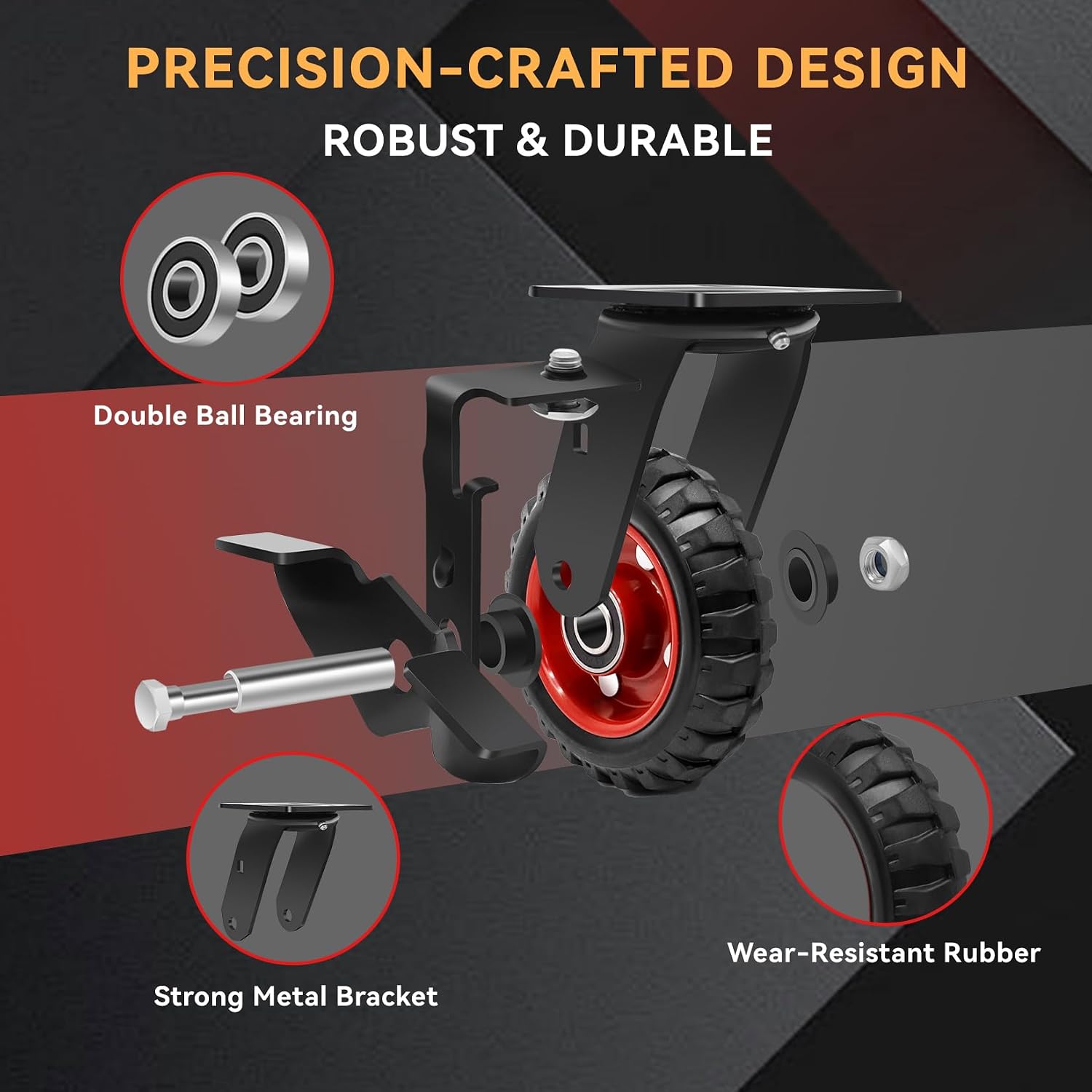 5 Inch Heavy Duty Caster Wheels Set of 4, 1080 LBS Outdoor Industrial Wheels Swivel Large Rubber Casters with Brake