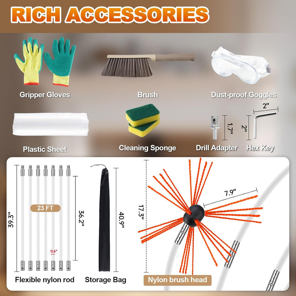 23FT Ergonomic Chimney Sweep Kit, Strong Brush & 7 Flexible Rods