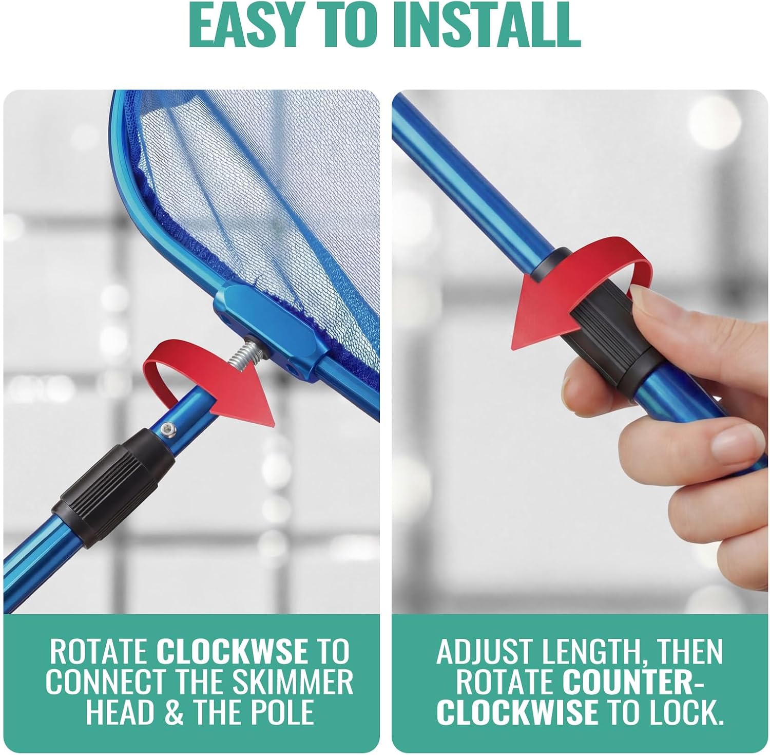 36" Hot Tub Pool Skimmer Net with Pole All-Metal Aluminum Frame & Handle for Small Above Ground Pools - Lightweight