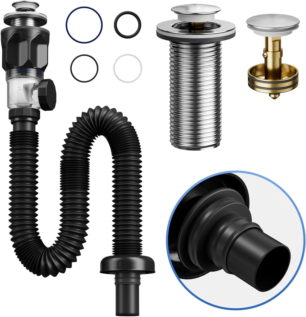 Bathroom Sink Drain Kit with Flexible Expandable P-Trap Sink Drain Pipe Tube Anti-Odor Bathroom Sink Drain Pipe for