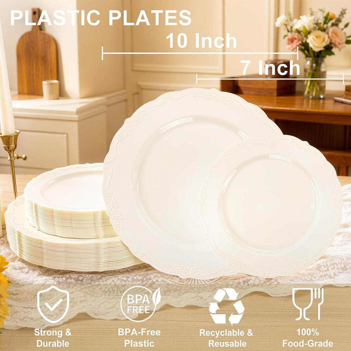 100 Pcs Ivory Plastic Plates for Party - Ivory Disposable Plates