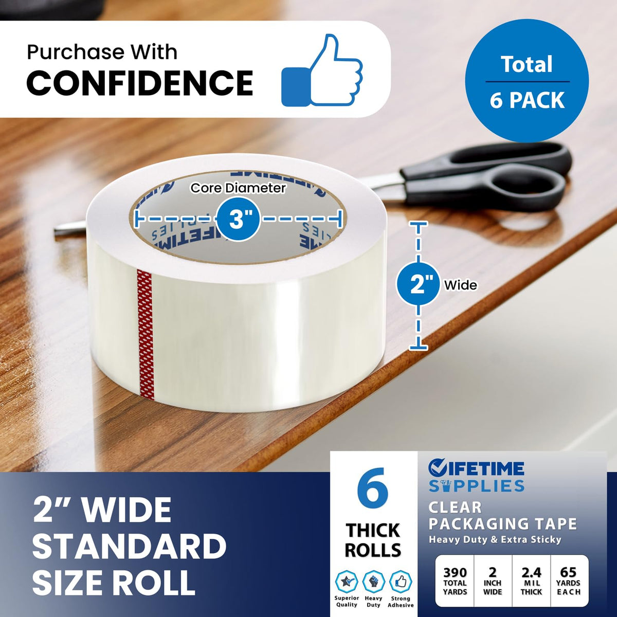 6 Rolls | 2.4 mil Clear | 65 Yards Each (390 Yards Total) | 2" Premium Packing Tape Heavy Duty Packaging Tape for