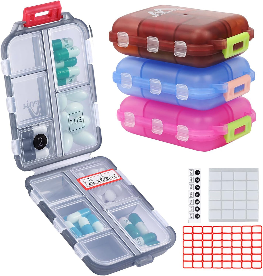 4PS Travel Pill Organizer with 164 Slice Labels，10 Compartments Travel Pill Box Portable Folding Small Pill Case