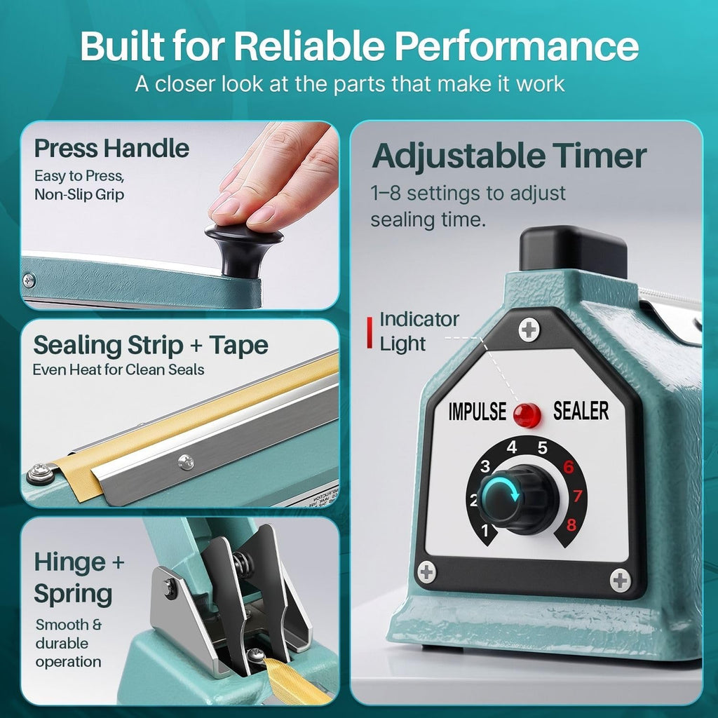 Impulse Sealer for Plastic Bags, 8 Inch, 300W, Adjustable Timer