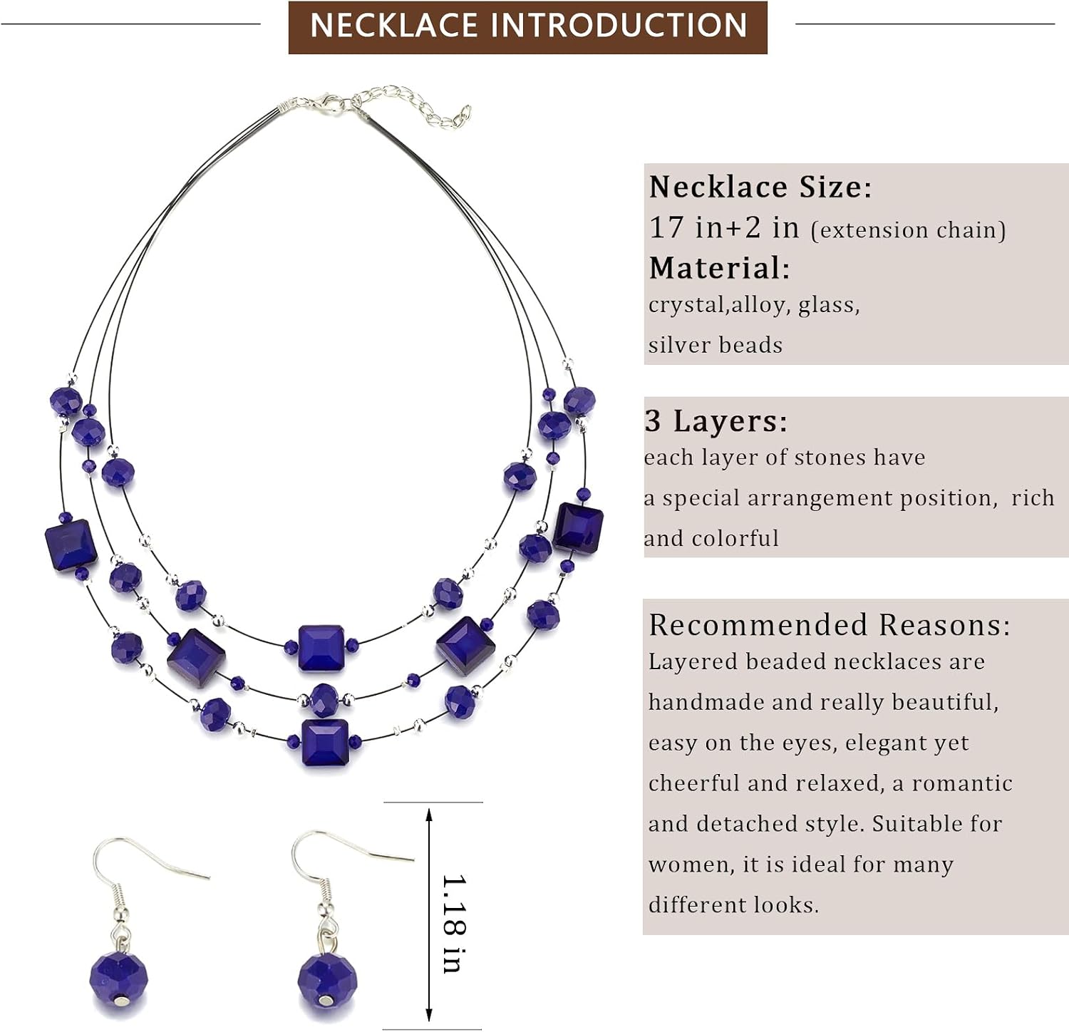 Layered Silver Beaded Necklace for Women Square Crystal Beads Statement Collar Necklace and Earrings Fashion Costumes