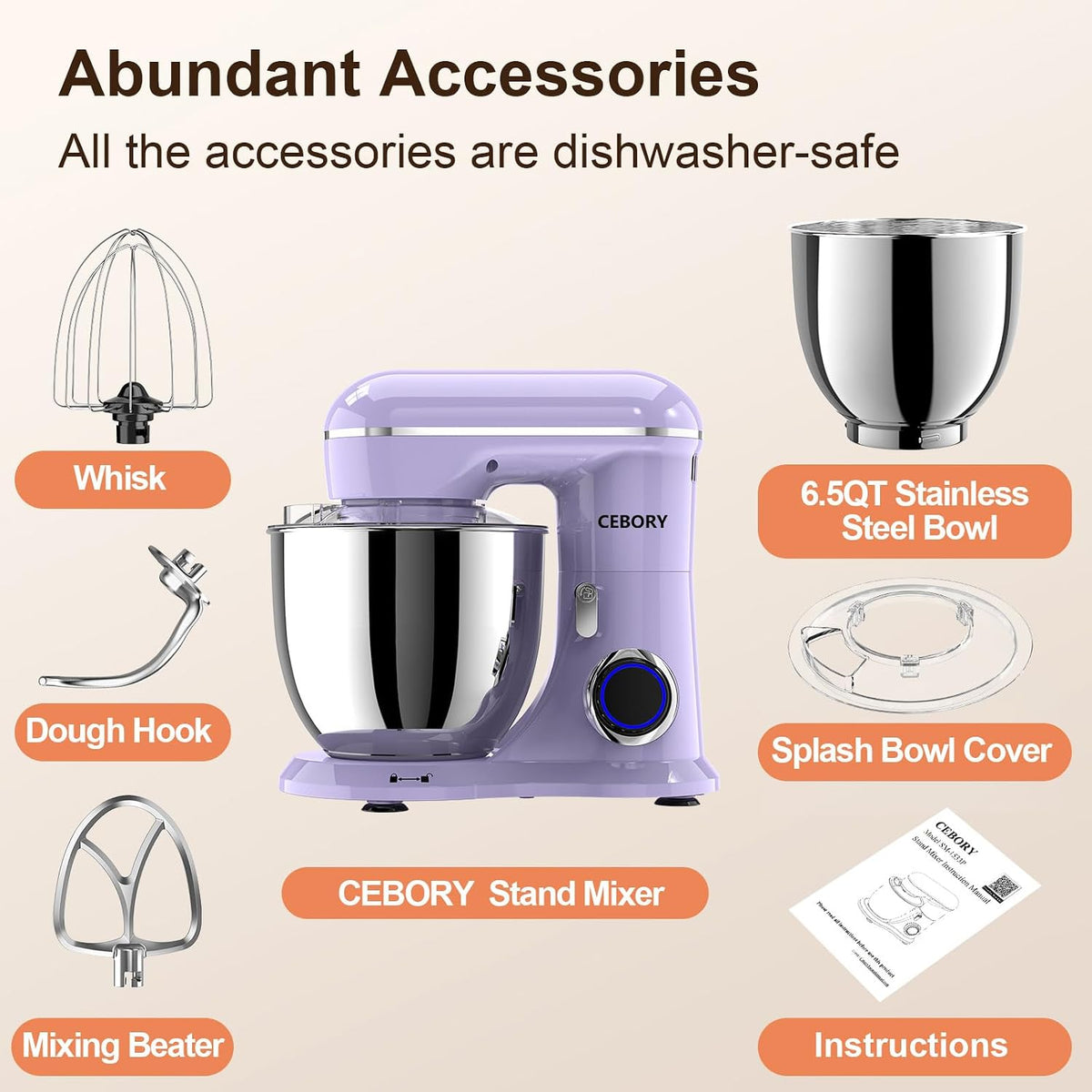 3-IN-1 Electric Stand Mixer, 6.5QT Bowl 660W 10-Speed Kitchen Mixer, Household Food Mixers include Dough Hook, Beater