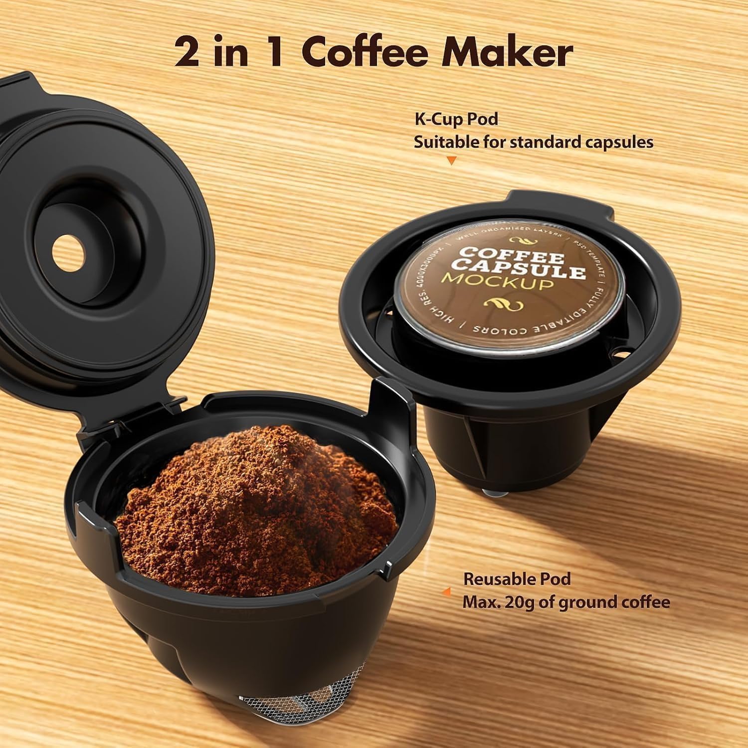 Single Serve Coffee Maker, 2-in-1 Pod & Ground Brewer, 90s Fast Brew, 5 Cup Sizes (6-14oz), 40oz Removable Tank, LCD