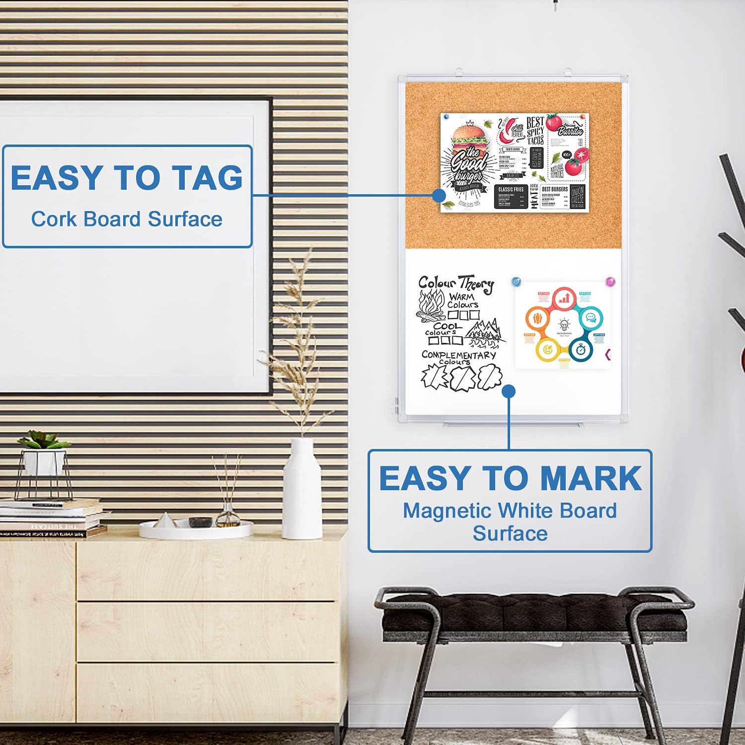 Magnetic White Board and Cork Board Combo, 36 X 24 inches Whiteboard Bulletin Combination Board, Wall Mounted Dry
