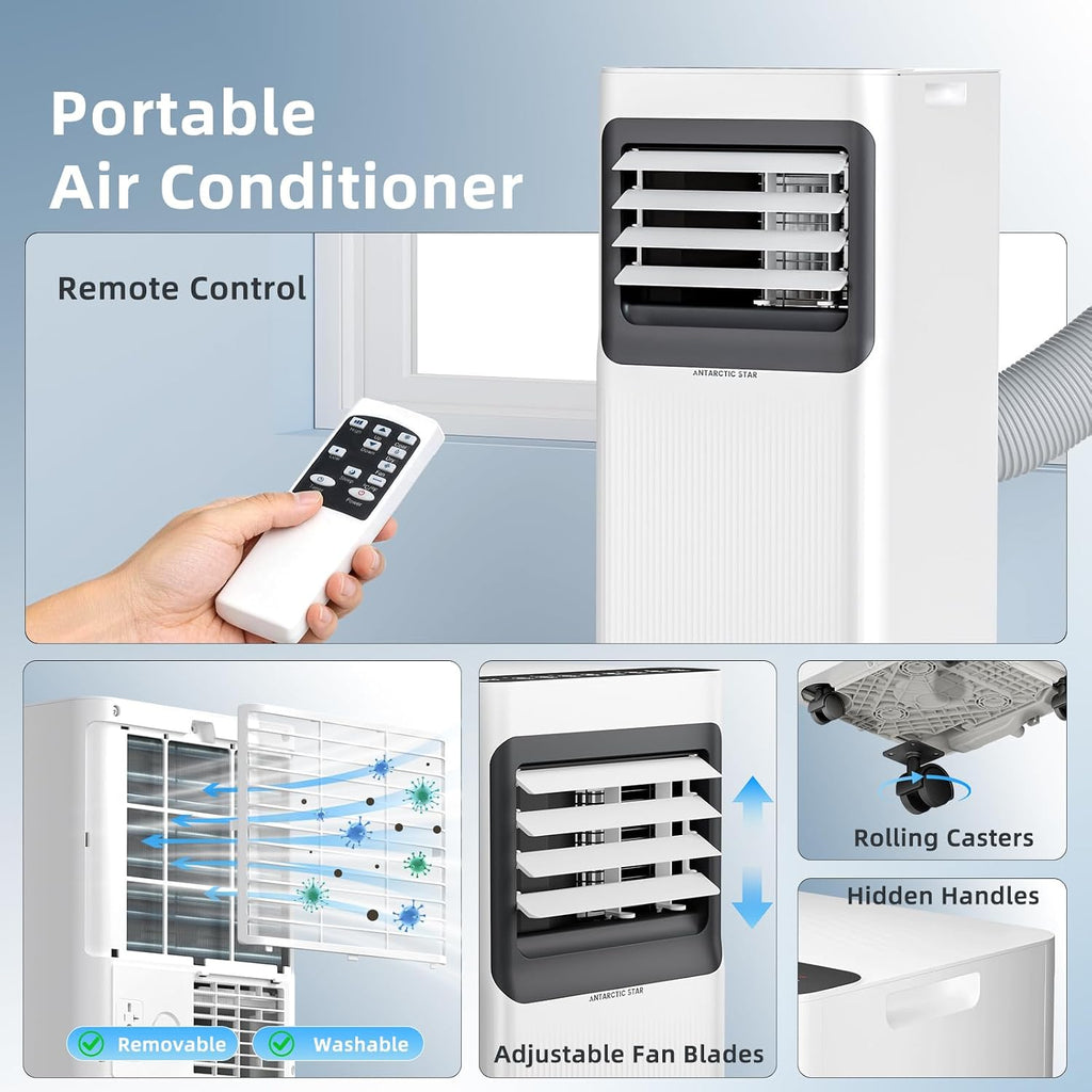 8000 BTU Portable Air Conditioner, 5-in-1 AC Unit with Cool, Dehumidifier, Fan, Sleep & Timer Modes, Auto Swing