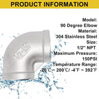 2Pcs 304 Stainless Steel 90 Degree Elbow 1/2" NPT Female x 1/2" NPT Female Threaded Pipe Fitting