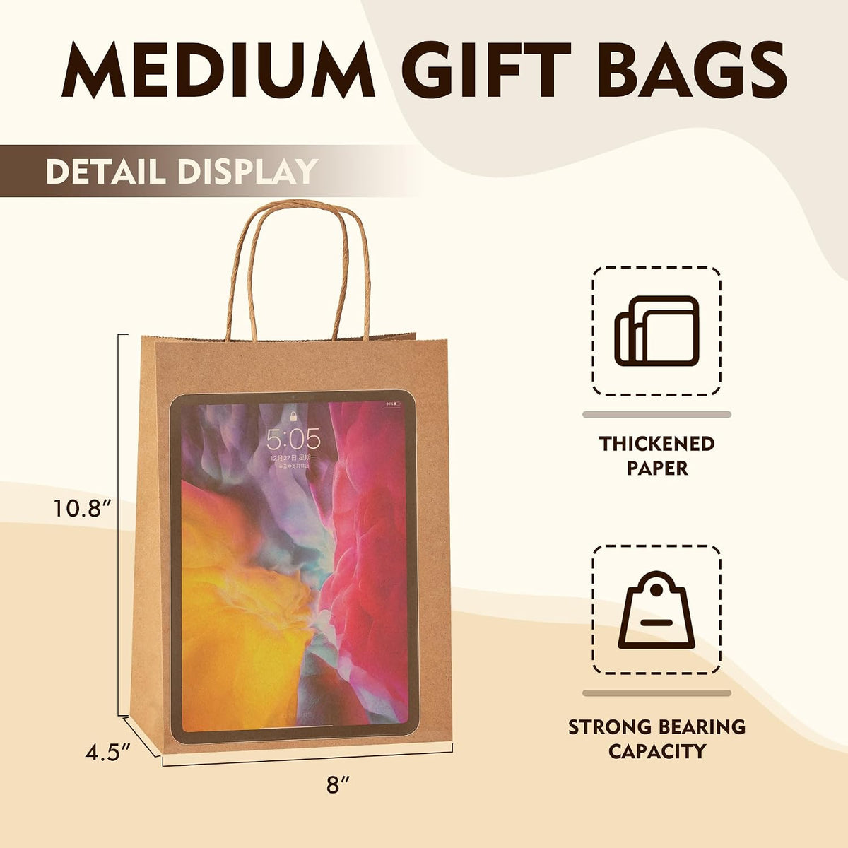 100 pcs Brown Paper Gift Bags with Handles, 8x4.5x10.8 Inch, Medium