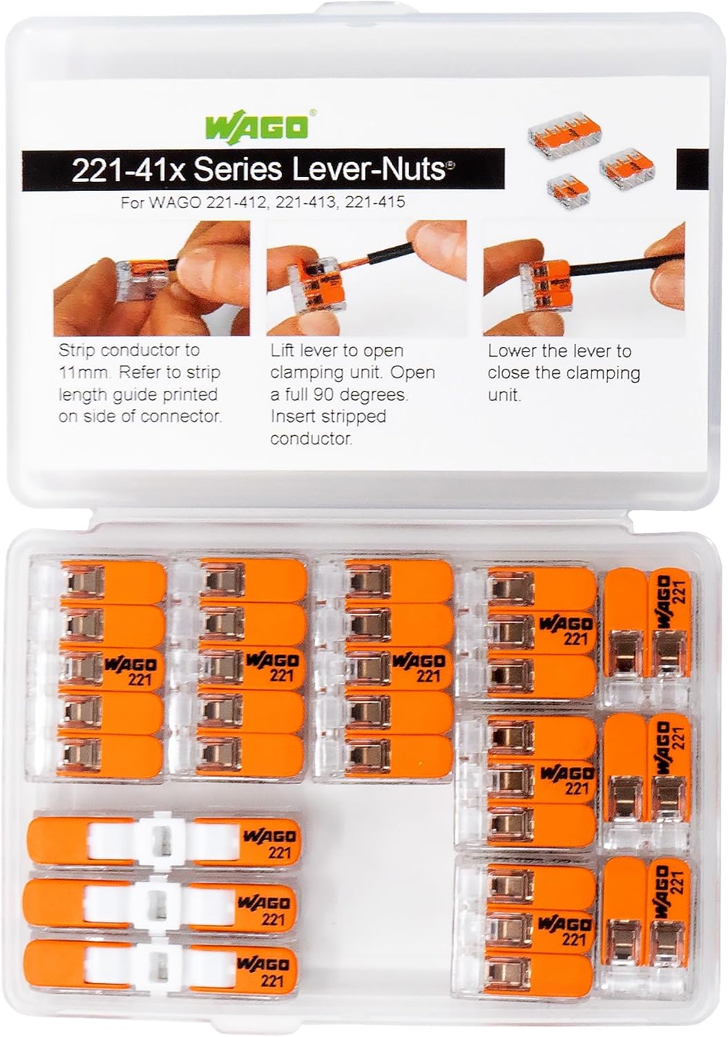 WAGO 221 Lever Nuts 12pc Compact Splicing Wire Connector Assortment with Case | Includes 221-2401, 221-412, 221-413