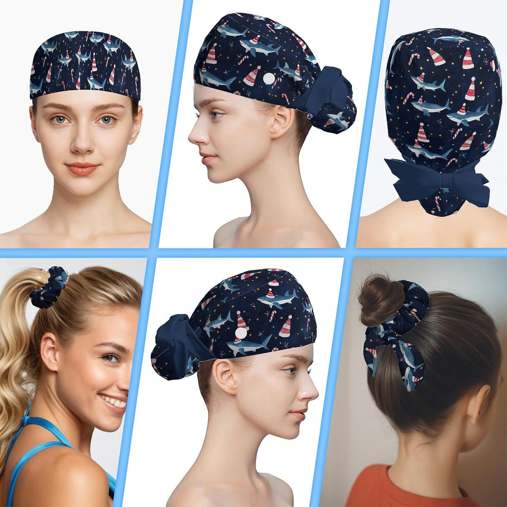 Scrub Caps Women Ponytail, Adjustable Surgical Caps with Buttons and Sweatband, Bouffant Hat with Hair Scrunchy