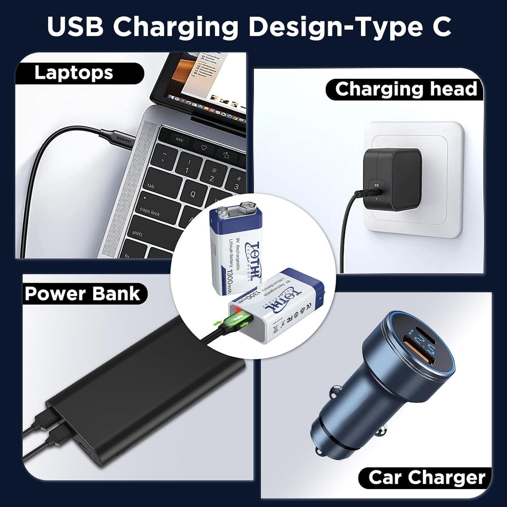4-Packs 9V Rechargeable Batteries+Storage Box,1300mAh USB 9 Volt Lithium Batteries 2 in 1 Charging Cable Long Lasting
