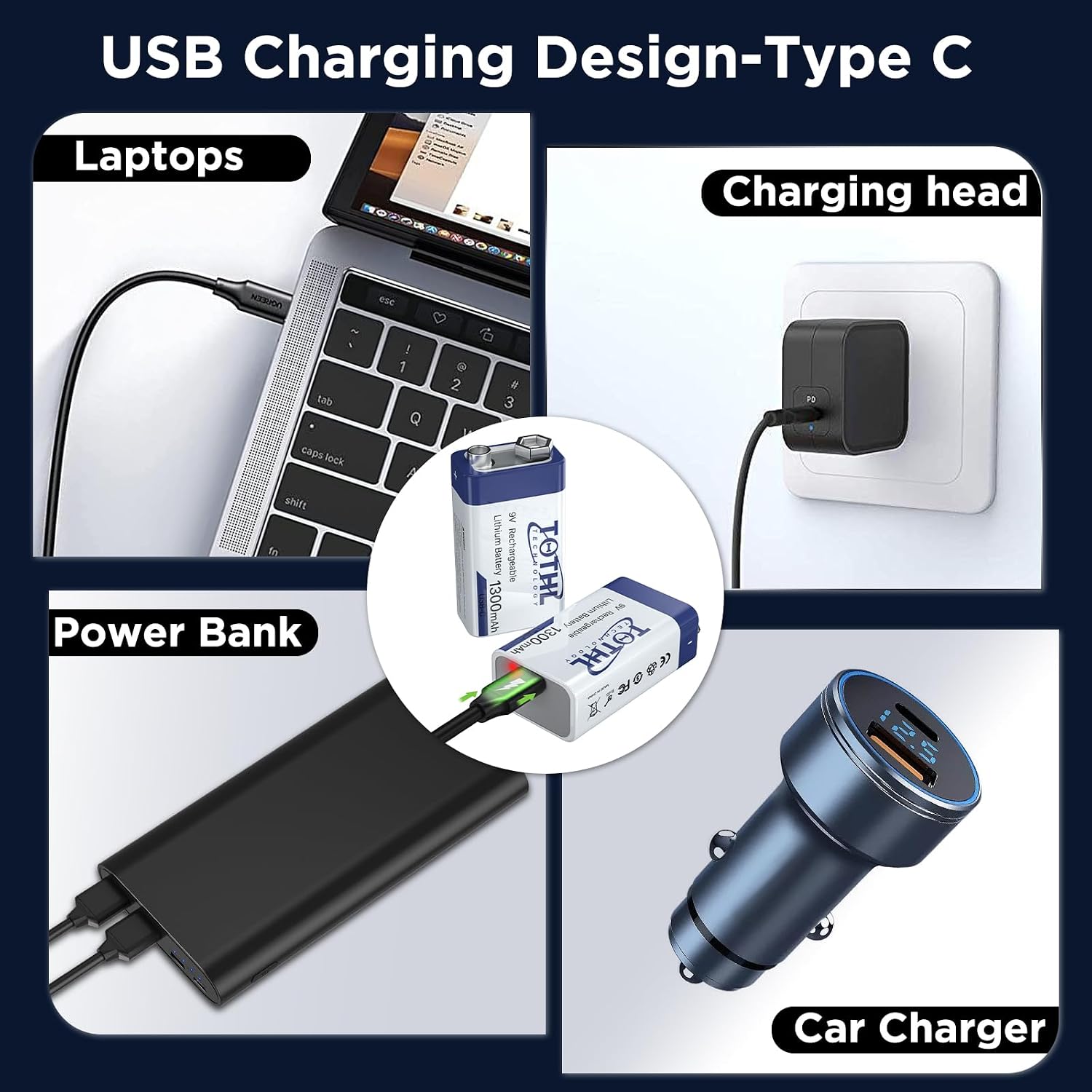 4-Packs 9V Rechargeable Batteries+Storage Box,1300mAh USB 9 Volt Lithium Batteries 2 in 1 Charging Cable Long Lasting